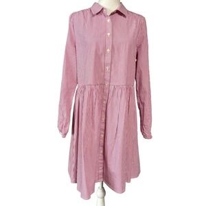 J.Crew‎ Shirt Dress Womens 10 Pink White Pinstripe Button Front Long Sleeve